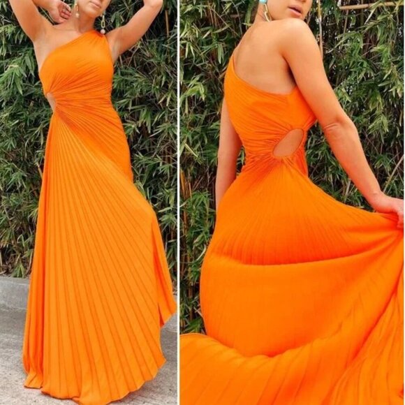 A.LC. Delfina One Shoulder Pleated Cut Out Asymmetrical Hem Midi Dress 0 - Picture 9 of 9